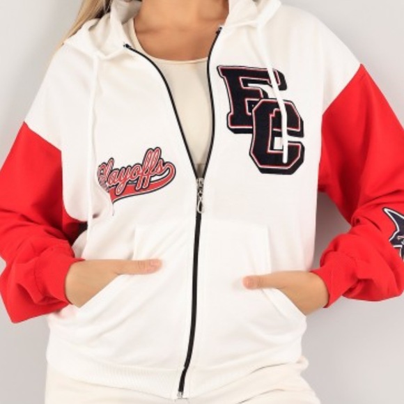 Divided Tops - Divided White and Red Zip-Up Hoodie with Varsity Patches